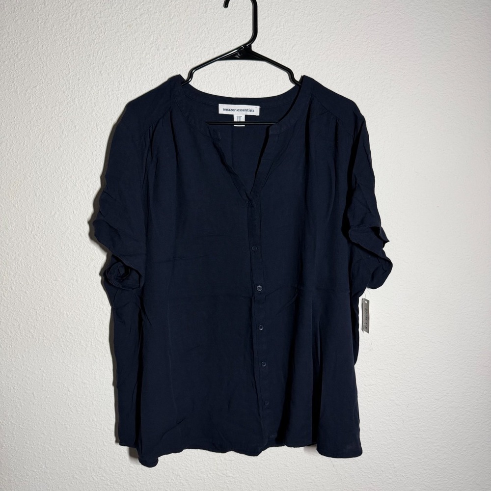 Amazon Essentials Blouse Top Womens 2XL Navy Blue Side Slit V Neck Button Front
